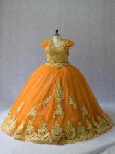 Court Train Ball Gowns Quinceanera Dresses Gold Sweetheart Tulle Sleeveless Lace Up
