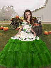 Green Lace Up Straps Embroidery and Ruffled Layers Pageant Gowns For Girls Tulle Sleeveless