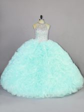  Organza Halter Top Sleeveless Lace Up Beading and Ruffles 15th Birthday Dress in Apple Green