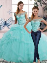 Excellent Aqua Blue Sleeveless Floor Length Beading and Ruffles Lace Up 15 Quinceanera Dress