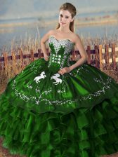  Green Quince Ball Gowns Sweet 16 and Quinceanera with Embroidery and Ruffles Sweetheart Sleeveless Lace Up