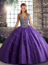  Purple Sleeveless Tulle Lace Up Quince Ball Gowns for Military Ball and Sweet 16 and Quinceanera