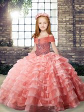  Watermelon Red Sleeveless Beading and Ruffled Layers Lace Up Little Girl Pageant Gowns