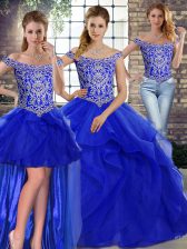 Dazzling Royal Blue Tulle Lace Up Off The Shoulder Sleeveless Quinceanera Gowns Brush Train Beading and Ruffles
