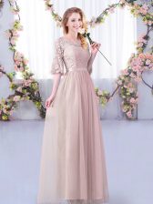  Pink Empire Scoop Half Sleeves Tulle Floor Length Side Zipper Lace and Belt Quinceanera Court Dresses