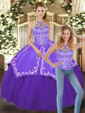  Purple Halter Top Lace Up Beading and Embroidery Quinceanera Dresses Sleeveless
