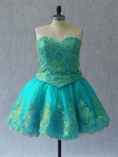 Glorious Sweetheart Sleeveless Prom Dress Mini Length Appliques and Embroidery Turquoise Tulle