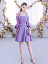 Sophisticated Mini Length Lavender Quinceanera Dama Dress Chiffon Half Sleeves Ruching