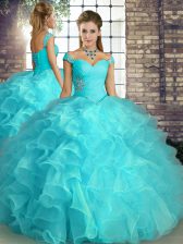 Pretty Aqua Blue Sleeveless Organza Lace Up 15 Quinceanera Dress for Military Ball and Sweet 16 and Quinceanera