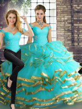 Attractive Floor Length Two Pieces Sleeveless Aqua Blue Ball Gown Prom Dress Lace Up