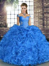 Elegant Blue Off The Shoulder Neckline Beading and Ruffles Quinceanera Gowns Sleeveless Lace Up