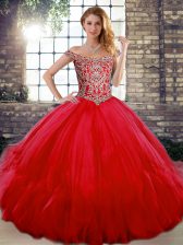 Colorful Off The Shoulder Sleeveless Quinceanera Dresses Floor Length Beading and Ruffles Red Tulle