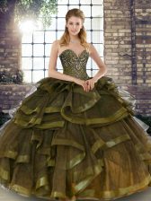 Cute Beading and Ruffles Sweet 16 Quinceanera Dress Olive Green Lace Up Sleeveless Floor Length