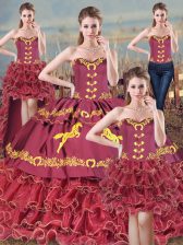 High End Embroidery Quinceanera Gown Burgundy Lace Up Sleeveless Brush Train