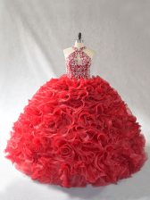  Red Lace Up Quinceanera Dresses Beading and Ruffles Sleeveless Brush Train