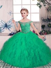  Green Tulle Lace Up Little Girl Pageant Gowns Sleeveless Floor Length Beading
