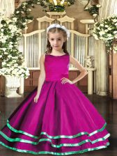  Floor Length Fuchsia Pageant Gowns For Girls Tulle Sleeveless Ruffled Layers