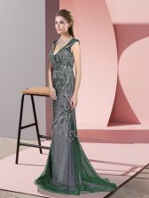  V-neck Sleeveless Prom Gown Sweep Train Beading Dark Green Tulle