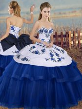  Floor Length Royal Blue Quinceanera Gown Tulle Sleeveless Embroidery and Bowknot