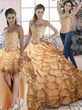Exquisite Gold Three Pieces Ruffled Layers Quince Ball Gowns Lace Up Organza Sleeveless