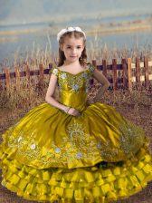  Off The Shoulder Sleeveless Kids Pageant Dress Floor Length Embroidery and Ruffled Layers Brown Satin and Organza