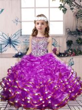  Organza Scoop Sleeveless Lace Up Beading and Ruffles Evening Gowns in Lilac