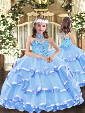  Baby Blue Sleeveless Appliques and Ruffled Layers Floor Length Pageant Gowns For Girls