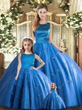  Blue Sleeveless Floor Length Appliques Lace Up Quince Ball Gowns