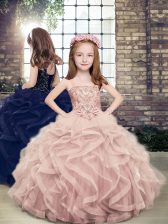 High End Pink Sleeveless Beading and Ruffles Floor Length Little Girls Pageant Gowns