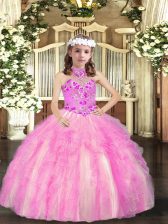 Elegant Lilac Lace Up Halter Top Appliques Little Girl Pageant Dress Tulle Sleeveless