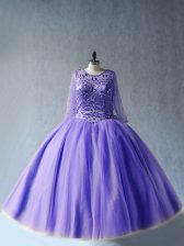 Custom Design Lavender Tulle Lace Up Ball Gown Prom Dress Long Sleeves Floor Length Beading