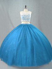  Blue Two Pieces Tulle Scoop Sleeveless Beading Floor Length Zipper Sweet 16 Quinceanera Dress