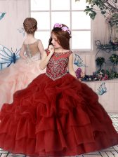 New Style Sleeveless Floor Length Beading and Pick Ups Lace Up Child Pageant Dress with Red