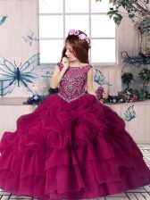  Fuchsia Ball Gowns Scoop Sleeveless Organza Floor Length Lace Up Beading and Pick Ups Little Girl Pageant Dress