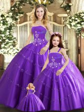 Ideal Sleeveless Tulle Floor Length Lace Up Sweet 16 Dress in Purple with Beading