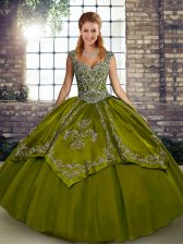 Discount Straps Sleeveless 15th Birthday Dress Floor Length Beading and Embroidery Olive Green Tulle