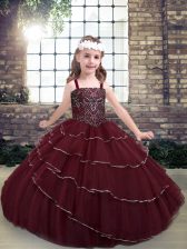 Luxurious Burgundy Ball Gowns Tulle Straps Sleeveless Beading and Ruffled Layers Floor Length Lace Up Little Girl Pageant Gowns