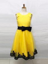 Noble Yellow Sleeveless Lace and Belt Tea Length Flower Girl Dress
