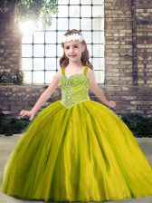 Fashion Olive Green Straps Neckline Beading Pageant Gowns For Girls Sleeveless Lace Up
