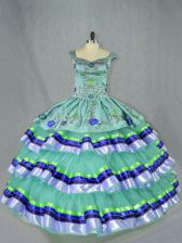  Floor Length Lace Up Sweet 16 Dress Apple Green for Sweet 16 and Quinceanera with Embroidery and Ruffled Layers