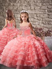Superior Watermelon Red Brush Train Beading and Ruffled Layers Pageant Gowns For Girls