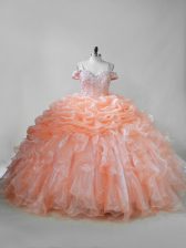  Orange Ball Gowns Straps Sleeveless Organza Brush Train Lace Up Beading and Ruffles and Pick Ups Quince Ball Gowns