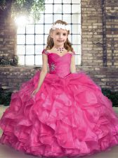  Straps Sleeveless Little Girl Pageant Dress Floor Length Beading and Ruffles Hot Pink Organza