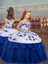 Exquisite Embroidery Girls Pageant Dresses Blue Lace Up Sleeveless Floor Length