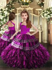 Classical Purple Organza Lace Up Little Girl Pageant Gowns Sleeveless Floor Length Appliques and Ruffles