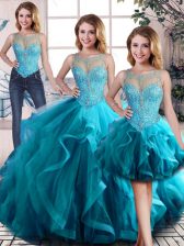  Floor Length Lace Up 15th Birthday Dress Aqua Blue for Sweet 16 and Quinceanera with Beading and Ruffles