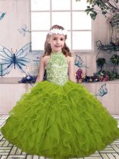 Customized Floor Length Olive Green Kids Formal Wear High-neck Sleeveless Lace Up
