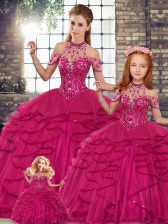  Fuchsia Vestidos de Quinceanera Military Ball and Sweet 16 and Quinceanera with Beading and Ruffles Halter Top Sleeveless Lace Up