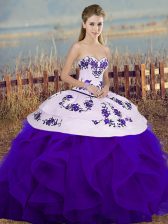Glamorous White And Purple Ball Gowns Sweetheart Sleeveless Tulle Floor Length Lace Up Embroidery and Ruffles and Bowknot Sweet 16 Dress