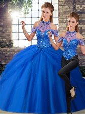  Two Pieces Sleeveless Blue Quince Ball Gowns Brush Train Lace Up